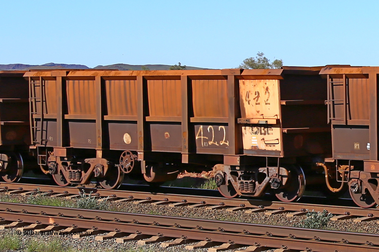 0422 160727 0982
Robe River ore waggon 422, built by Tomlinson Steel WA, rotary coupler end handbrake side empty view at Harding Siding on the Cape Lambert line, July 27, 2016.
Keywords: 422;Tomlinson-Steel-WA;Robe-ore-waggon;