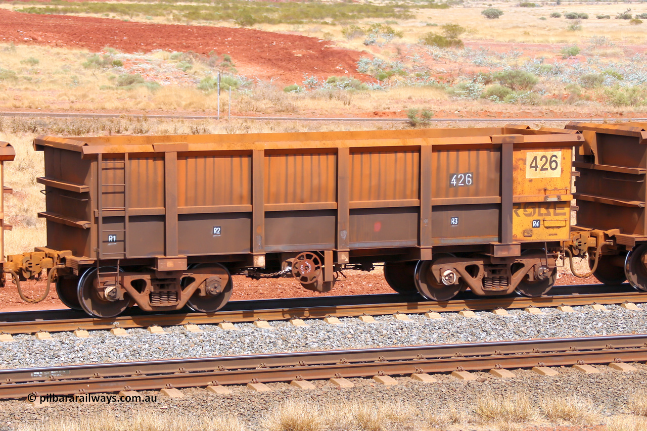 0426 141124 6841
Robe River ore waggon 426, built by Tomlinson Steel WA, fixed coupler handbrake side empty view at the 25 km at Arches Siding on the Cape Lambert line. November 24, 2014.
Keywords: 426;Tomlinson-Steel-WA;Robe-ore-waggon;