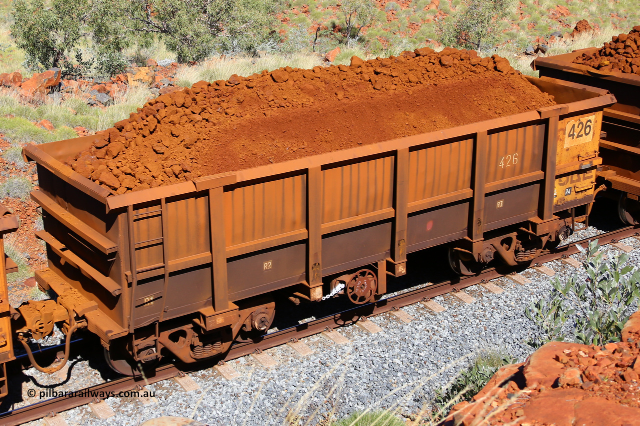 0426 180616 1871
Robe River ore waggon 426, built by Tomlinson Steel WA, fixed coupler handbrake side loaded view at Maitland Siding on the Deepdale line, June 16, 2018.
Keywords: 426;Tomlinson-Steel-WA;Robe-ore-waggon;
