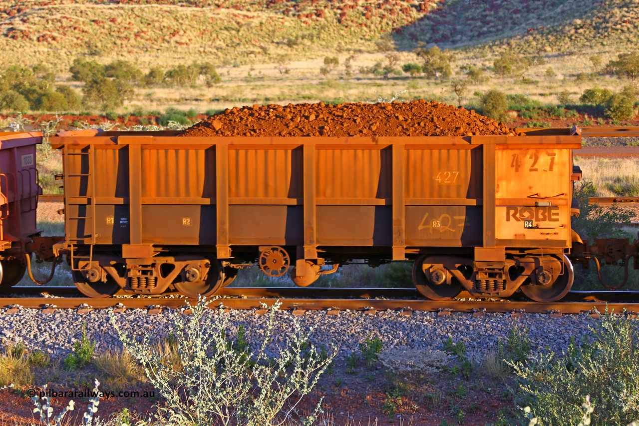 0427 170513 8745
Robe River ore waggon 427, built by Tomlinson Steel WA, handbrake side loaded view, Cape Lambert yard, May 13, 2017.
Keywords: 427;Tomlinson-Steel-WA;Robe-ore-waggon;