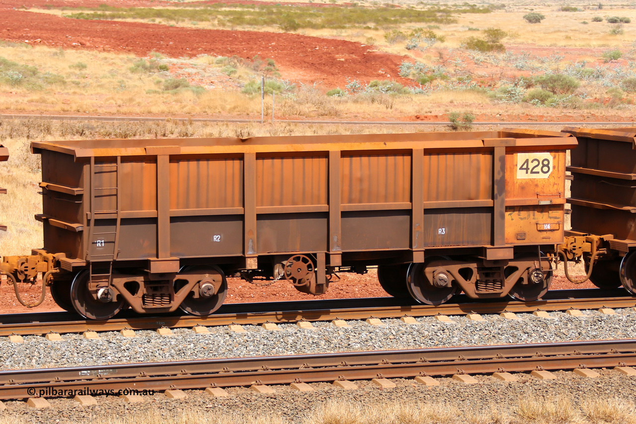 0428 141124 6855
Robe River ore waggon 428, built by Tomlinson Steel WA, fixed coupler handbrake side empty view at the 25 km at Arches Siding on the Cape Lambert line. November 24, 2014.
Keywords: 428;Tomlinson-Steel-WA;Robe-ore-waggon;