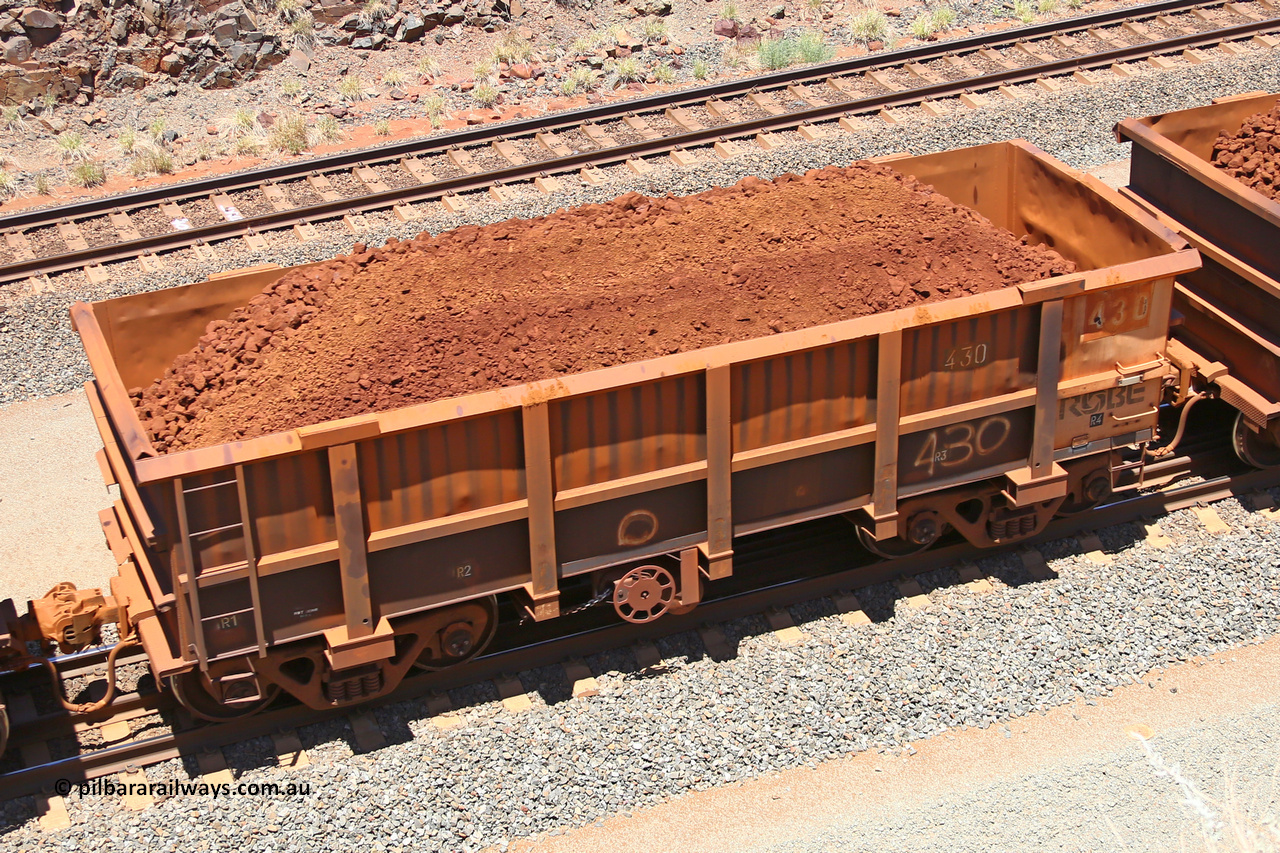 0430 160306 1476
Robe River ore waggon 430, built by Tomlinson Steel WA, fixed coupler handbrake side loaded view at the 45 km, Harding Siding on the Cape Lambert line. March 6, 2016.
Keywords: 430;Tomlinson-Steel-WA;Robe-ore-waggon;