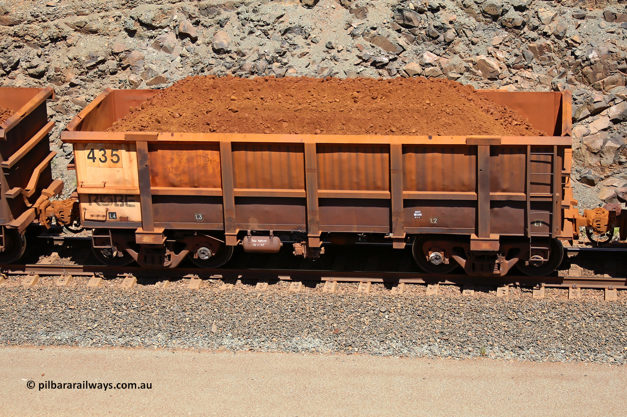 0435 160306 1541
Robe River ore waggon 435, built by Tomlinson Steel WA, fixed coupler non-handbrake side loaded parital view of end, at the 45 km, Harding Siding on the Cape Lambert line. March 6, 2016.
Keywords: 435;Tomlinson-Steel-WA;Robe-ore-waggon;