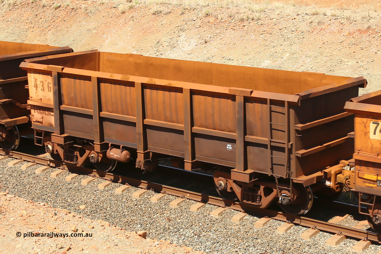 0436 160306 1256
Robe River ore waggon 436, built by Tomlinson Steel WA, fixed coupler non-handbrake side empty view at Greenpool on the Cape Lambert line. March 6, 2016.
Keywords: 436;Tomlinson-Steel-WA;Robe-ore-waggon;