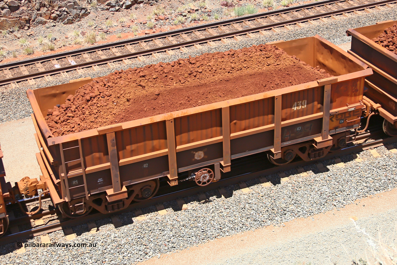 0439 160306 1471
Robe River ore waggon 439, built by Tomlinson Steel WA, fixed coupler handbrake side loaded view, at the 45 km, Harding Siding on the Cape Lambert line. March 6, 2016.
Keywords: 439;Tomlinson-Steel-WA;Robe-ore-waggon;