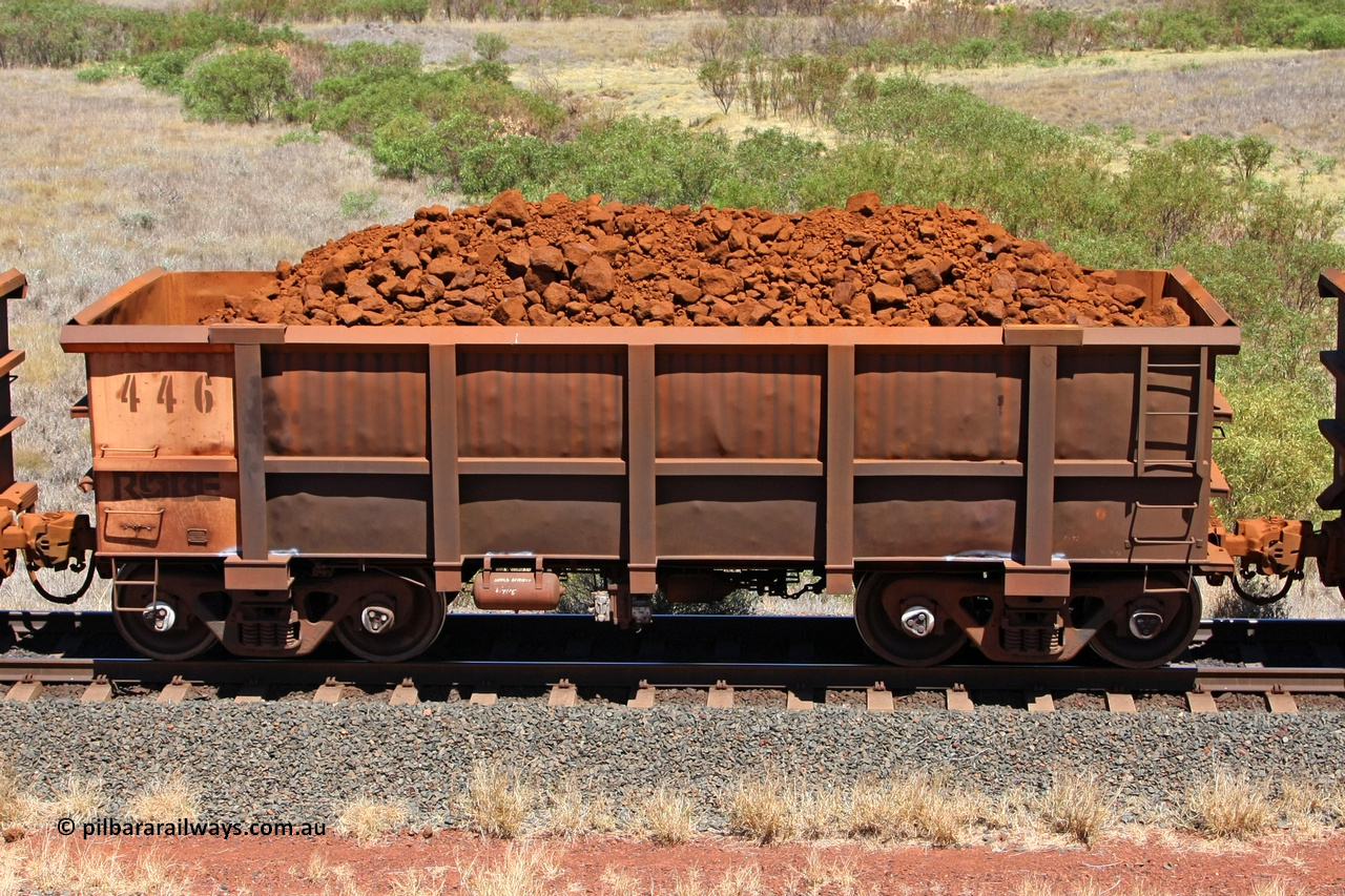 0446 081209 0131
Robe River ore waggon 446, built by Tomlinson Steel WA, non-handbrake side loaded view at the 7 km location just south of Cape Lambert yard. December 9, 2008.
Keywords: 446;Tomlinson-Steel-WA;Robe-ore-waggon;