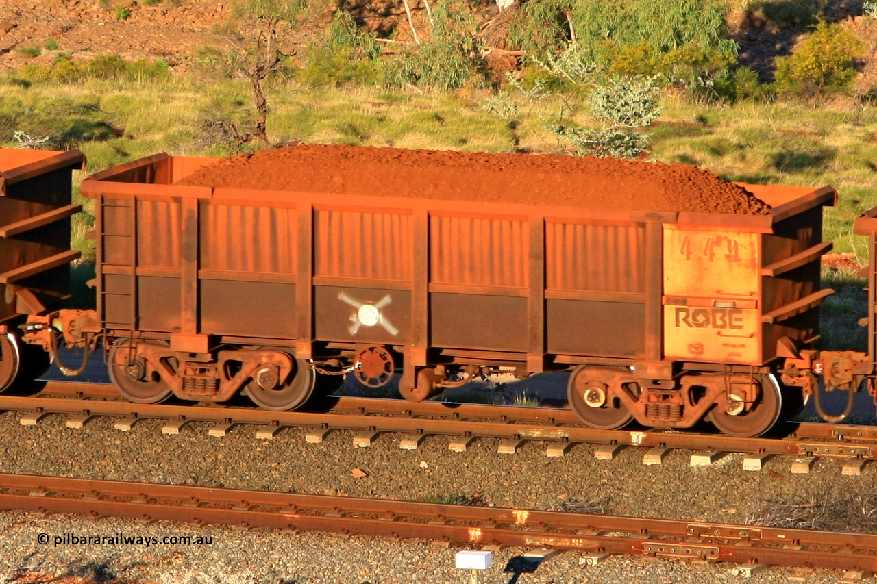0449 110602 1619
Robe River ore waggon 449, built by Tomlinson Steel WA, rotary coupler end handbrake side loaded view at the 71 km, Western Creek on the Deepdale line. June 2, 2011.
Keywords: 449;Tomlinson-Steel-WA;Robe-ore-waggon;