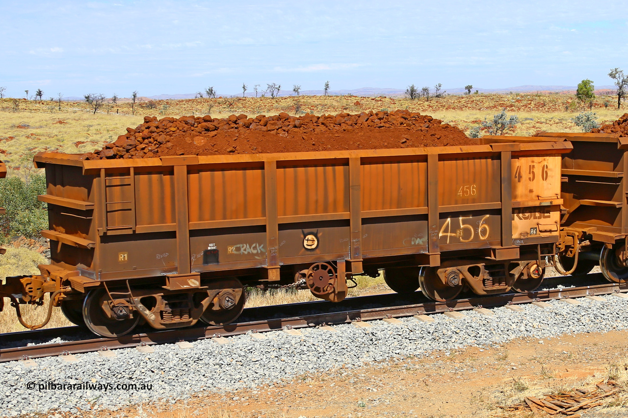 0456 170729 0196
Robe River ore waggon 456, built by Tomlinson Steel WA, fixed coupler handbrake side loaded view at the 103 km, between Maitland Siding and the Fortescue River on the Deepdale line. July 29, 2017.
Keywords: 456;Tomlinson-Steel-WA;Robe-ore-waggon;
