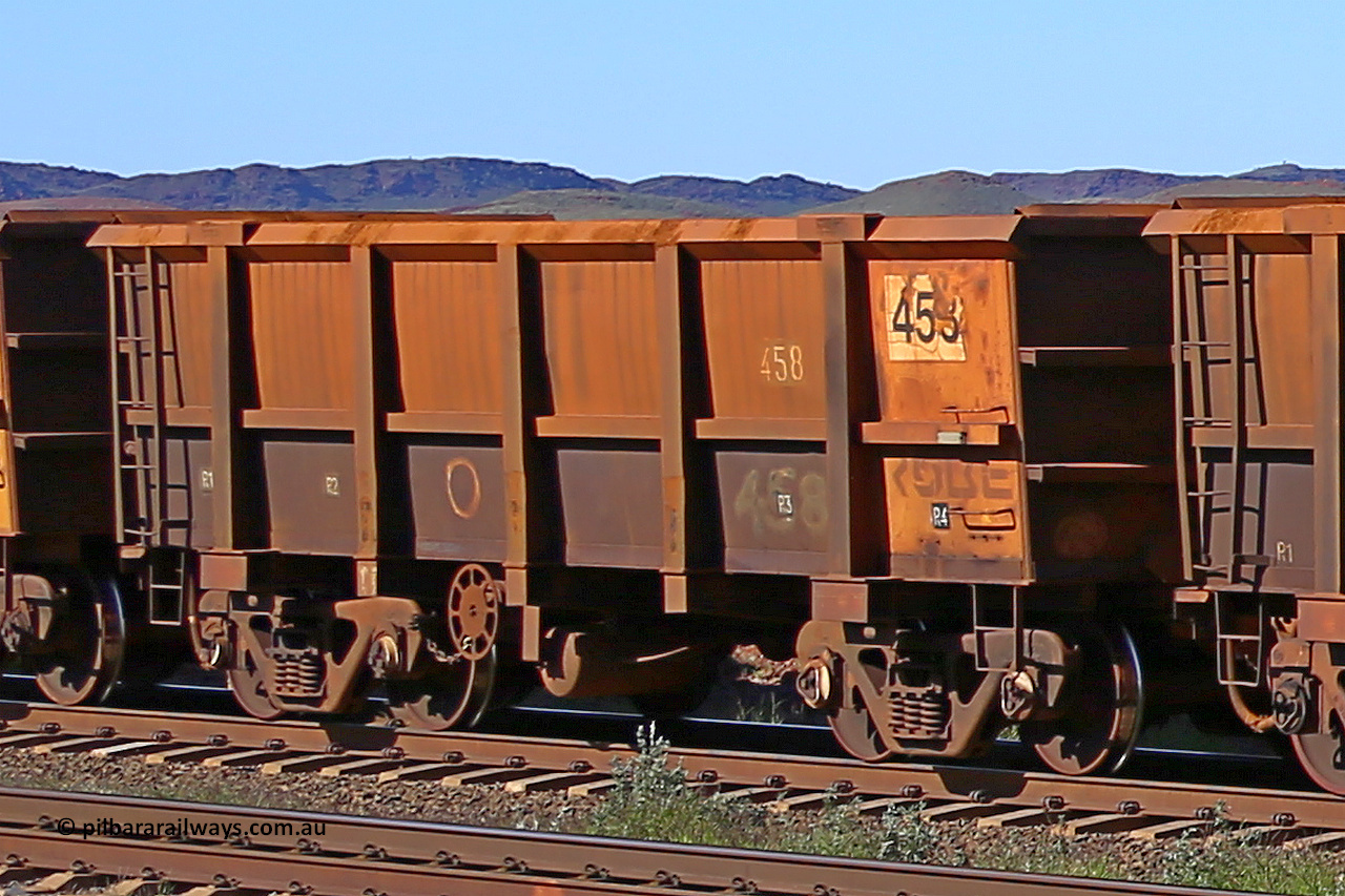 0458 160727 0982
Robe River ore waggon 458, built by Tomlinson Steel WA, rotary coupler end handbrake side empty view at Harding Siding on the Cape Lambert line, July 27, 2016.
Keywords: 458;Tomlinson-Steel-WA;Robe-ore-waggon;