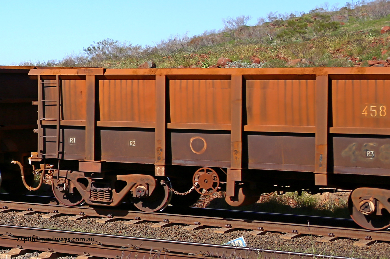 0458 160727 0983
Robe River ore waggon 458, built by Tomlinson Steel WA, rotary coupler end handbrake side empty partial view at Harding Siding on the Cape Lambert line, July 27, 2016.
Keywords: 458;Tomlinson-Steel-WA;Robe-ore-waggon;