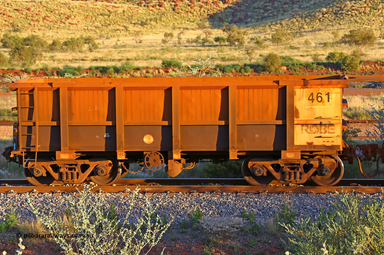 0461 170513 8780
Robe River ore waggon 461, built by Tomlinson Steel WA, handbrake side empty view, end of train, Cape Lambert yard, May 13, 2017.
Keywords: 461;Tomlinson-Steel-WA;Robe-ore-waggon;
