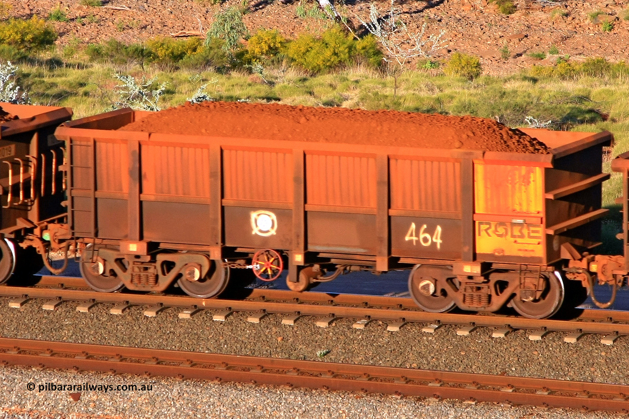 0464 110602 1703
Robe River ore waggon 464, built by Tomlinson Steel WA, rotary coupler end handbrake side loaded view at the 71 km, Western Creek on the Deepdale line. June 2, 2011.
Keywords: 464;Tomlinson-Steel-WA;Robe-ore-waggon;