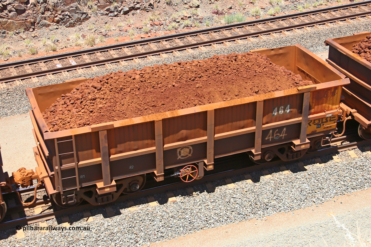 0464 160306 1485
Robe River ore waggon 464, built by Tomlinson Steel WA, fixed coupler handbrake side loaded view, at the 45 km, Harding Siding on the Cape Lambert line. March 6, 2016.
Keywords: 464;Tomlinson-Steel-WA;Robe-ore-waggon;