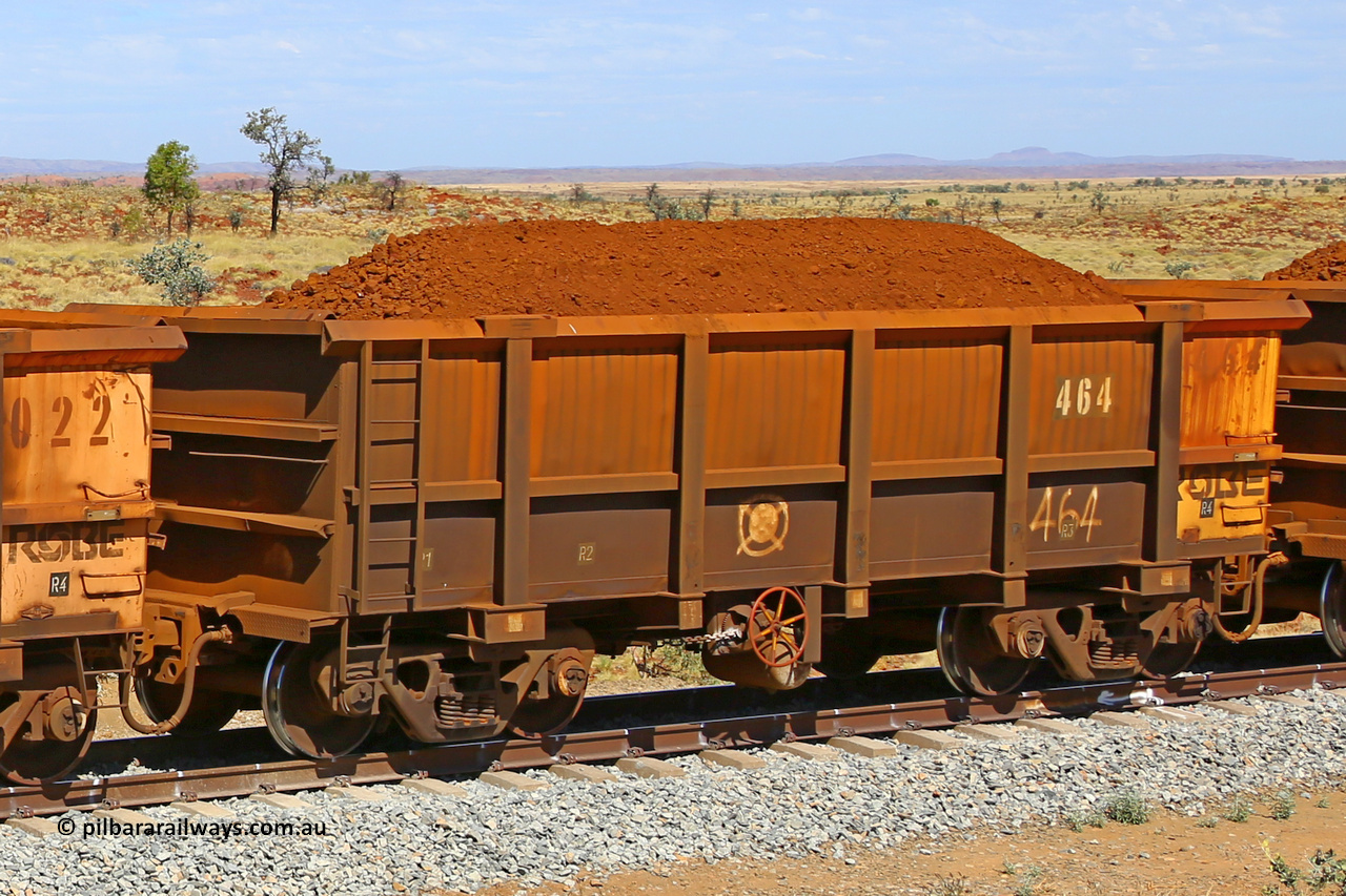 0464 170729 0266
Robe River ore waggon 464, built by Tomlinson Steel WA, fixed coupler handbrake side loaded view at the 103 km, between Maitland Siding and the Fortescue River on the Deepdale line. July 29, 2017.
Keywords: 464;Tomlinson-Steel-WA;Robe-ore-waggon;
