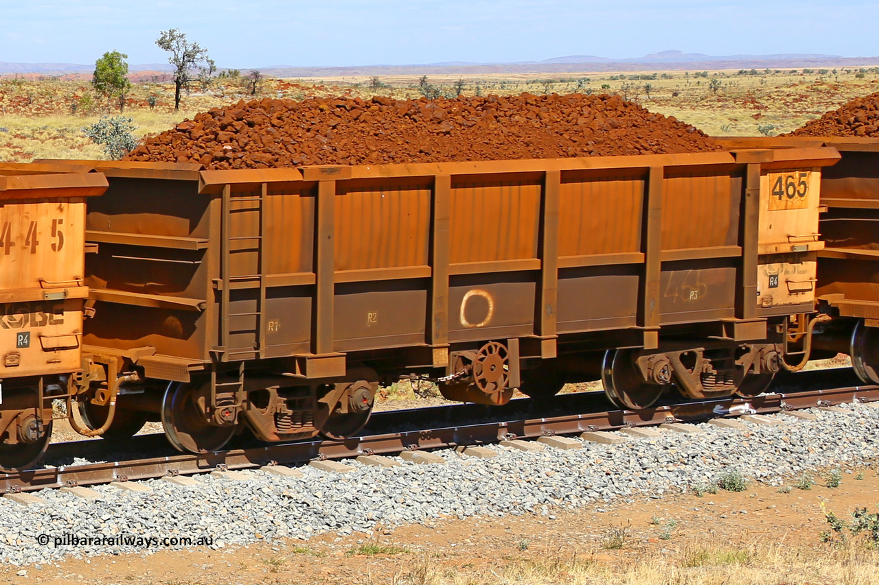 0465 170729 0199
Robe River ore waggon 465, built by Tomlinson Steel WA, fixed coupler handbrake side loaded view at the 103 km, between Maitland Siding and the Fortescue River on the Deepdale line. July 29, 2017.
Keywords: 465;Tomlinson-Steel-WA;Robe-ore-waggon;