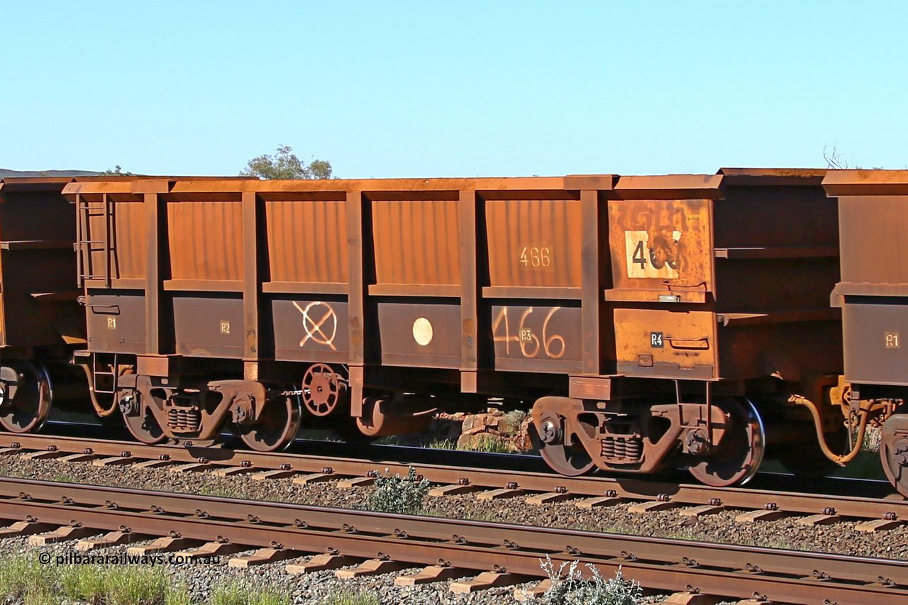 0466 160727 0960
Robe River ore waggon 466, built by Tomlinson Steel WA, rotary coupler end handbrake side empty view at Harding Siding on the Cape Lambert line, July 27, 2016.
Keywords: 466;Tomlinson-Steel-WA;Robe-ore-waggon;