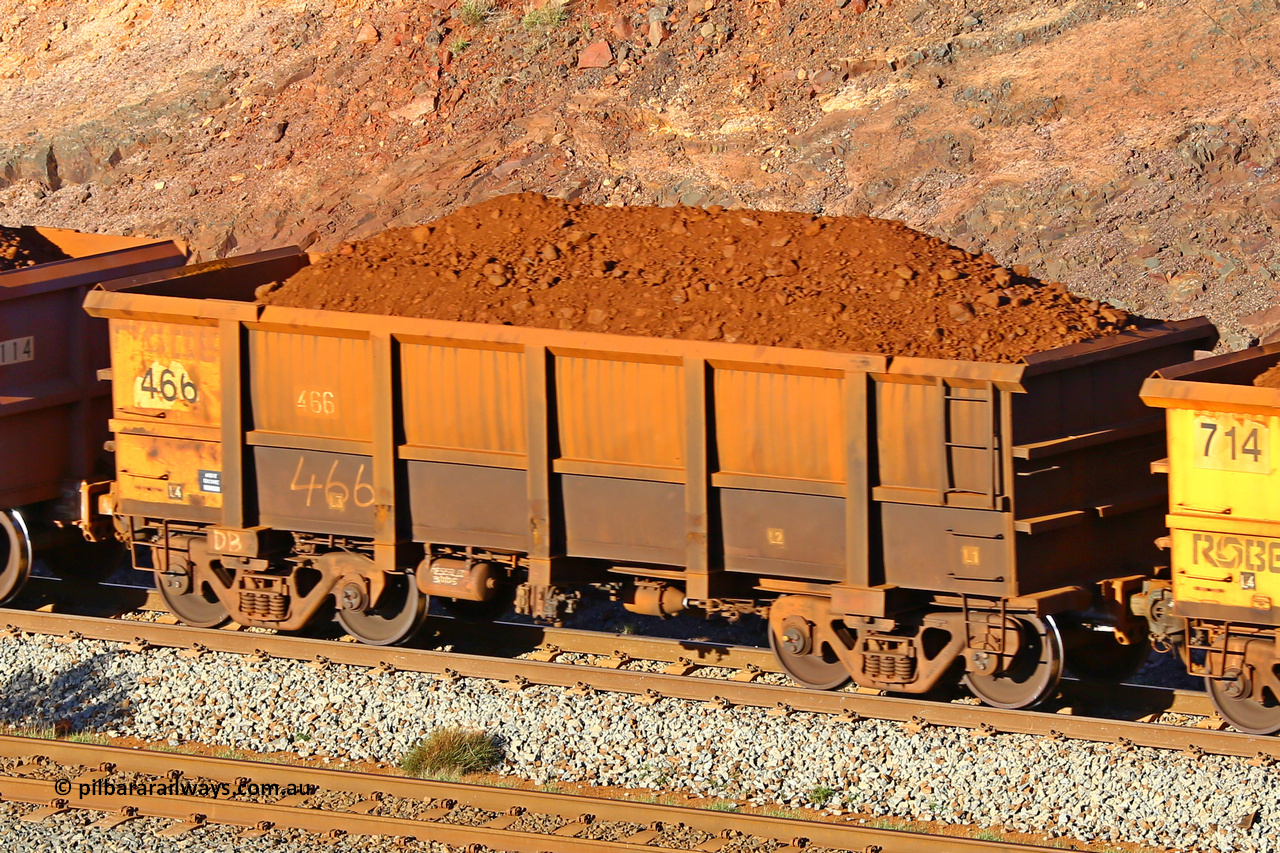 0466 180616 1639
Robe River ore waggon 466, built by Tomlinson Steel WA, fixed coupler non-handbrake side loaded view at the 38.5 km, Harding on the Cape Lambert line, June 16, 2018.
Keywords: 466;Tomlinson-Steel-WA;Robe-ore-waggon;