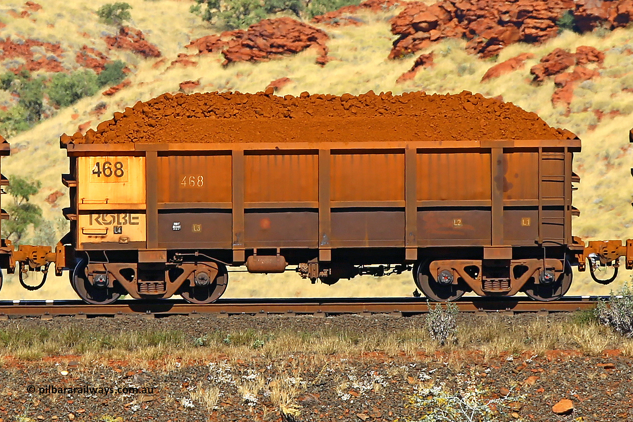 0468 170728 09910
Robe River ore waggon 468, built by Tomlinson Steel WA, non-handbrake side loaded view at the 72 km, Western Creek on the Deepdale line. July 28, 2017.
Keywords: 468;Tomlinson-Steel-WA;Robe-ore-waggon;