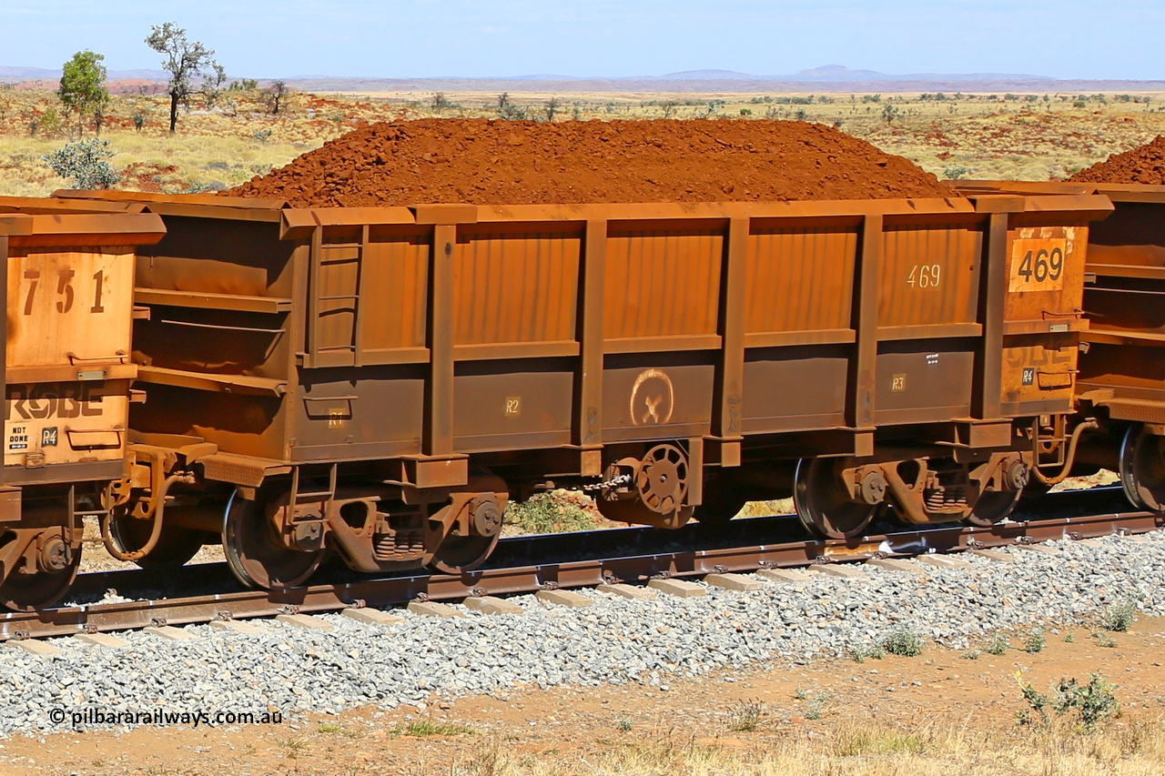 0469 170729 0226
Robe River ore waggon 469, built by Tomlinson Steel WA, fixed coupler handbrake side loaded view at the 103 km, between Maitland Siding and the Fortescue River on the Deepdale line. July 29, 2017.
Keywords: 469;Tomlinson-Steel-WA;Robe-ore-waggon;