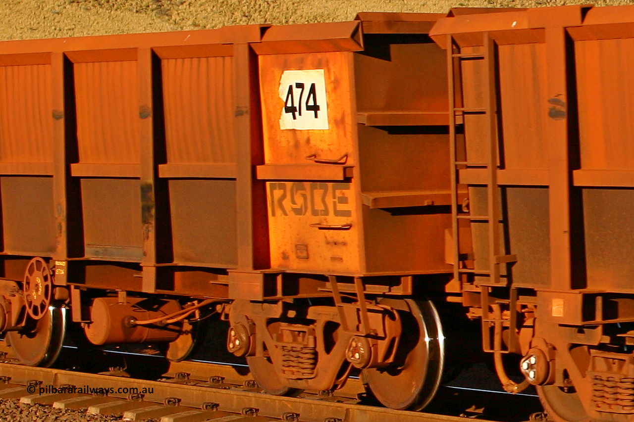 0474 060722 7622
Robe River ore waggon 474, built by Tomlinson Steel WA, rotary coupler end handbrake side empty partial view, at the 11.7 km, Cape Lambert. July 22, 2006.
Keywords: 474;Tomlinson-Steel-WA;Robe-ore-waggon;