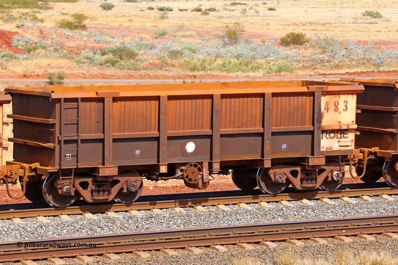 0483 141124 6776
Robe River ore waggon 483, built by Tomlinson Steel WA, fixed coupler handbrake side empty view at the 25 km at Arches Siding on the Cape Lambert line. November 24, 2014.
Keywords: 483;Tomlinson-Steel-WA;Robe-ore-waggon;