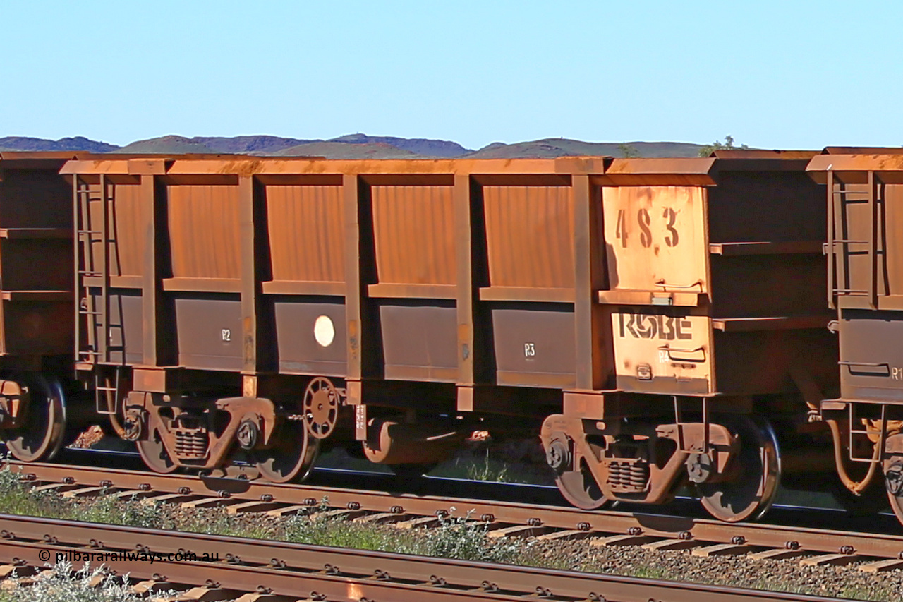 0483 160727 0966
Robe River ore waggon 483, built by Tomlinson Steel WA, rotary coupler end handbrake side empty view at Harding Siding on the Cape Lambert line, July 27, 2016.
Keywords: 483;Tomlinson-Steel-WA;Robe-ore-waggon;