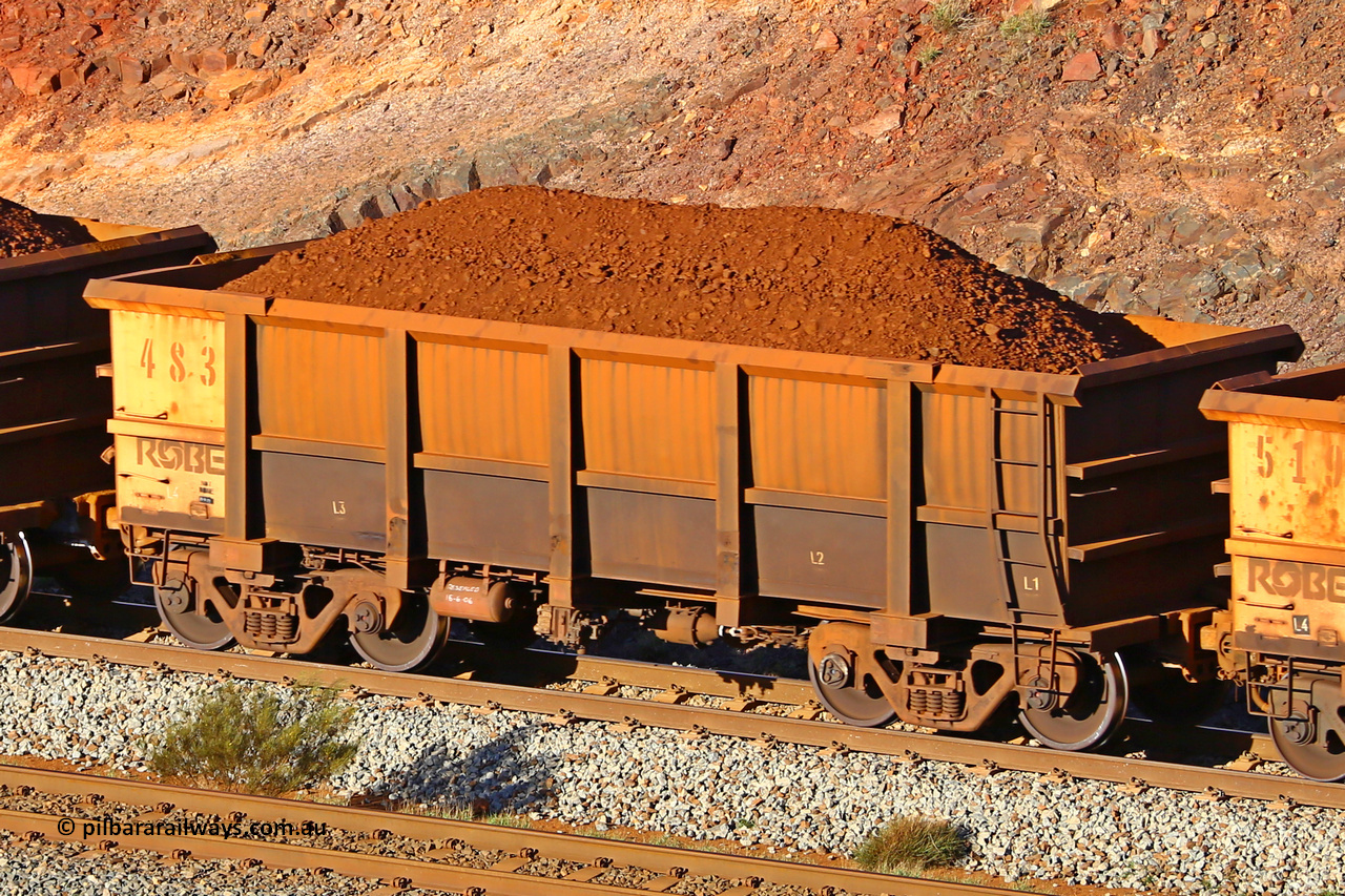 0483 180616 1645
Robe River ore waggon 483, built by Tomlinson Steel WA, fixed coupler non-handbrake side loaded view at the 38.5 km, Harding on the Cape Lambert line, June 16, 2018.
Keywords: 483;Tomlinson-Steel-WA;Robe-ore-waggon;