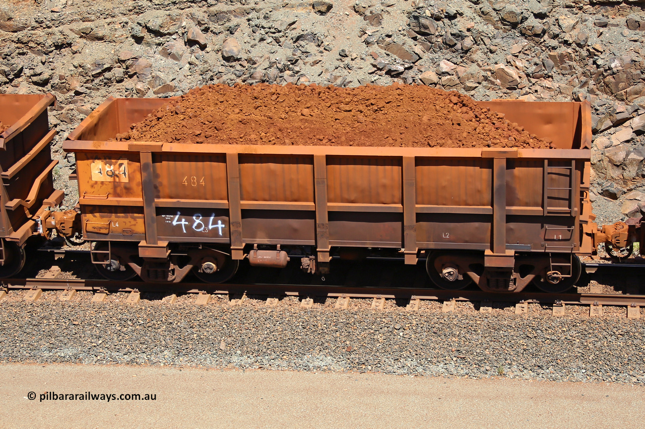 0484 160306 1527
Robe River ore waggon 484, built by Tomlinson Steel WA, fixed coupler non-handbrake side loaded view, at the 45 km, Harding Siding on the Cape Lambert line. March 6, 2016.
Keywords: 484;Tomlinson-Steel-WA;Robe-ore-waggon;