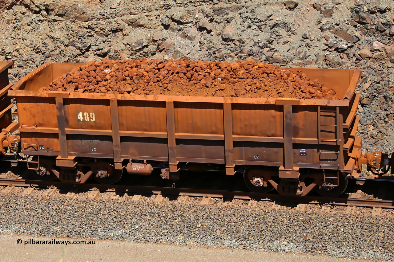 0489 160306 1665
Robe River ore waggon 489, built by Tomlinson Steel WA, fixed coupler non-handbrake side loaded view, at the 45 km, Harding Siding on the Cape Lambert line. March 6, 2016.
Keywords: 489;Tomlinson-Steel-WA;Robe-ore-waggon;