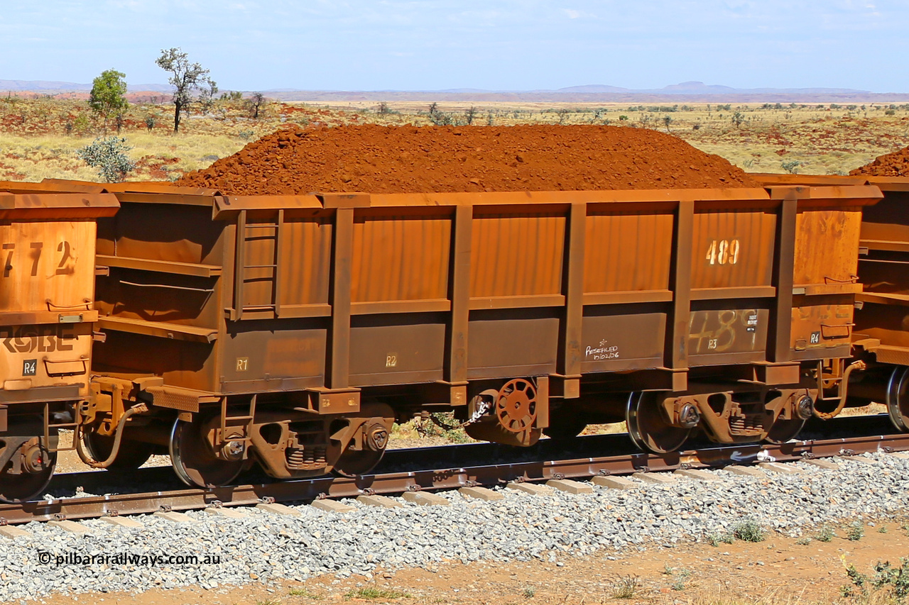 0489 170729 0240
Robe River ore waggon 489, built by Tomlinson Steel WA, fixed coupler handbrake side loaded view at the 103 km, between Maitland Siding and the Fortescue River on the Deepdale line. July 29, 2017.
Keywords: 489;Tomlinson-Steel-WA;Robe-ore-waggon;