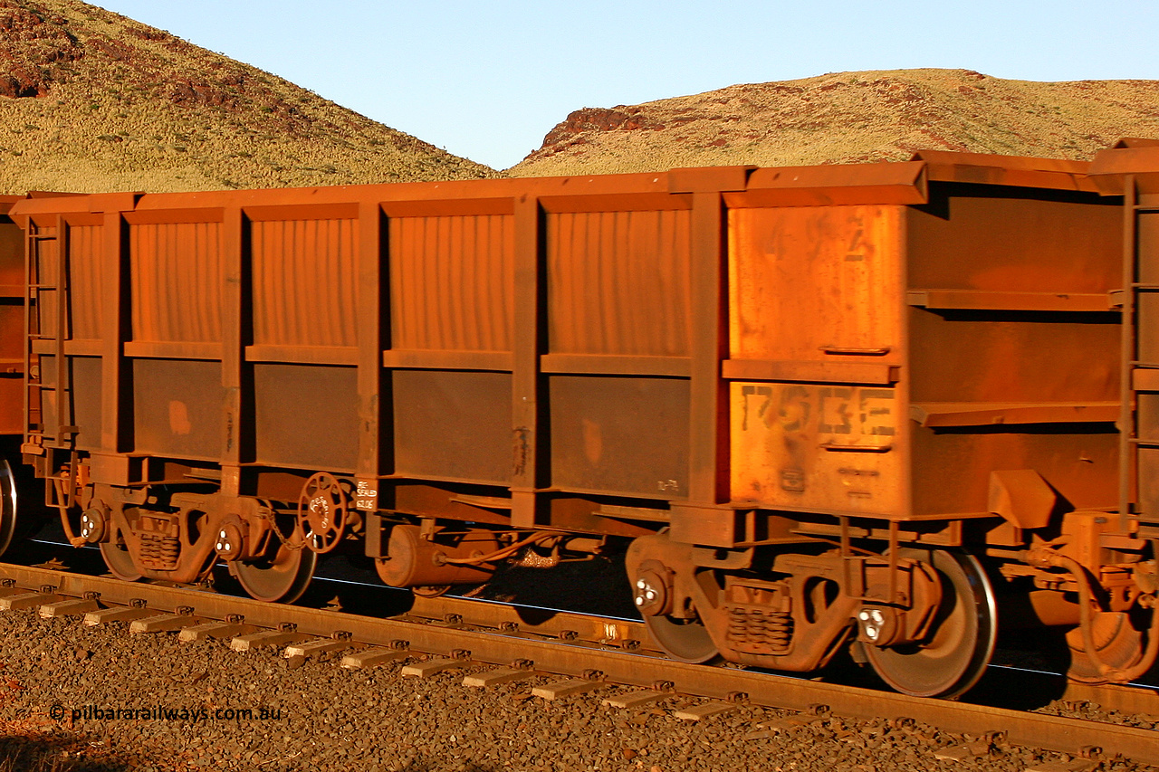 0492 060722 7607
Robe River ore waggon 492, built by Tomlinson Steel WA, rotary coupler end handbrake side empty view, at the 11.7 km, Cape Lambert. July 22, 2006.
Keywords: 492;Tomlinson-Steel-WA;Robe-ore-waggon;