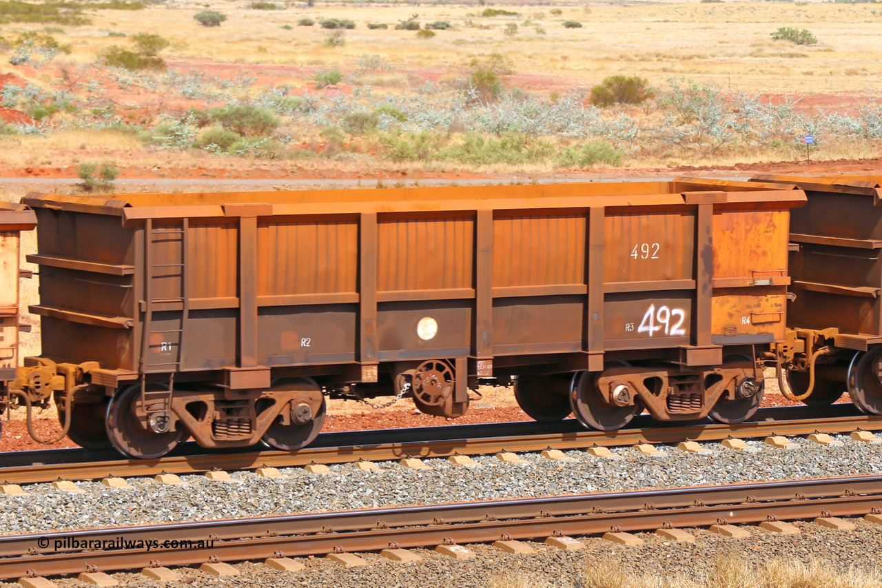 0492 141124 6779
Robe River ore waggon 492, built by Tomlinson Steel WA, fixed coupler handbrake side empty view at the 25 km at Arches Siding on the Cape Lambert line. November 24, 2014.
Keywords: 492;Tomlinson-Steel-WA;Robe-ore-waggon;