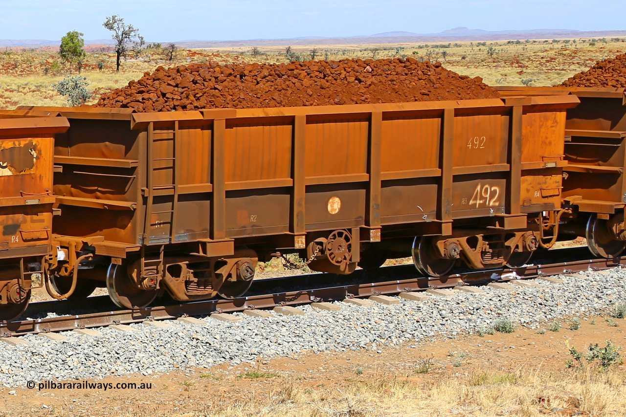 0492 170729 0198
Robe River ore waggon 492, built by Tomlinson Steel WA, fixed coupler handbrake side loaded view at the 103 km, between Maitland Siding and the Fortescue River on the Deepdale line. July 29, 2017.
Keywords: 492;Tomlinson-Steel-WA;Robe-ore-waggon;