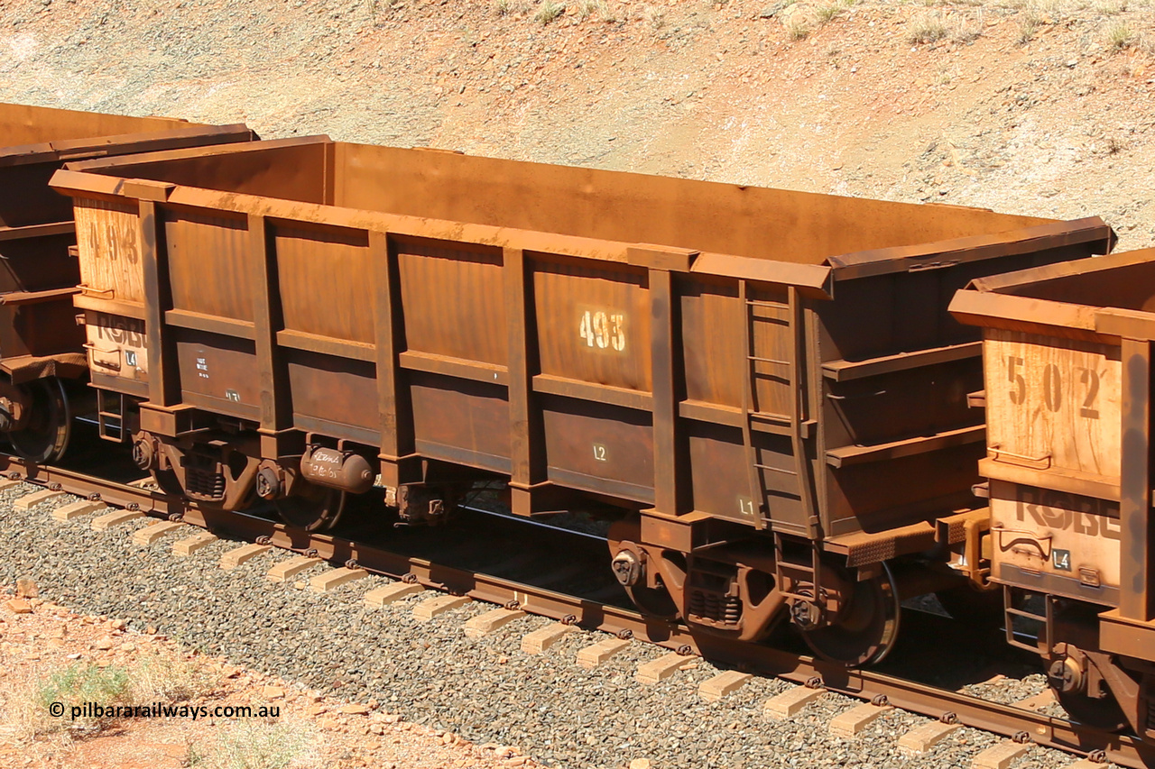 0493 160306 1334
Robe River ore waggon 493, built by Tomlinson Steel WA, fixed coupler non-handbrake side empty view at Greenpool on the Cape Lambert line. March 6, 2016.
Keywords: 493;Tomlinson-Steel-WA;Robe-ore-waggon;