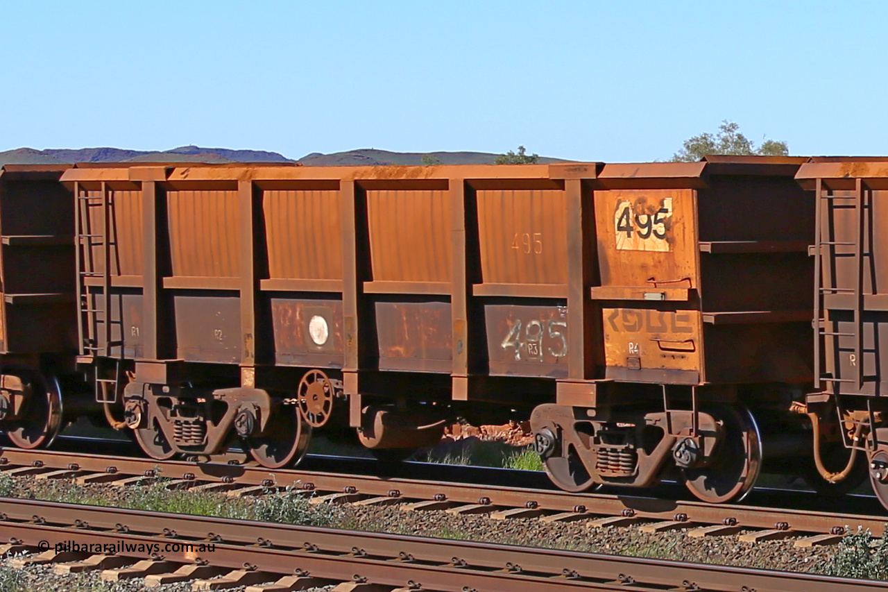 0495 160727 0973
Robe River ore waggon 495, built by Tomlinson Steel WA, rotary coupler end handbrake side empty view at Harding Siding on the Cape Lambert line, July 27, 2016.
Keywords: 495;Tomlinson-Steel-WA;Robe-ore-waggon;