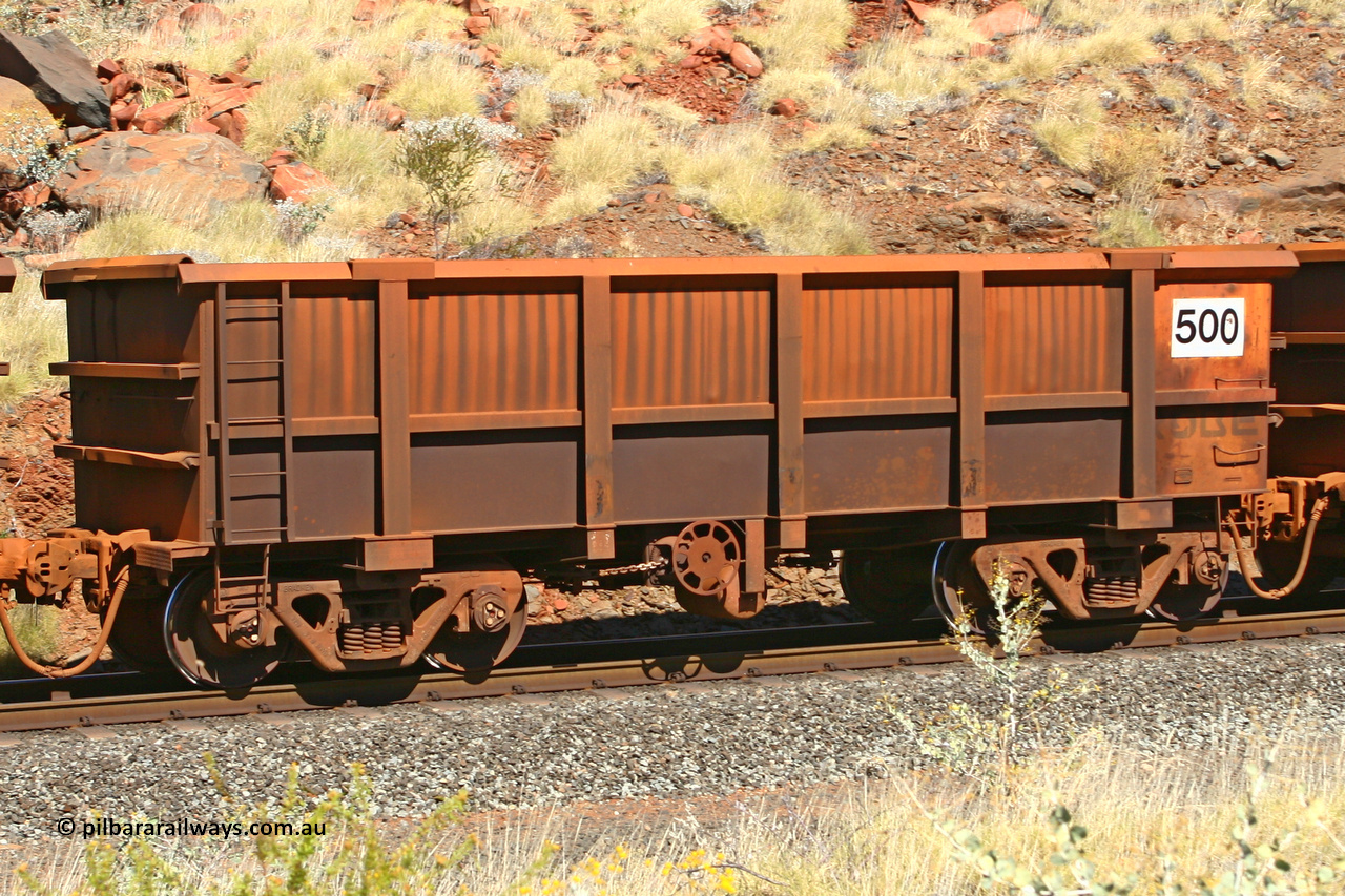 0500 060724 7916
Robe River ore waggon 500, built by Tomlinson Steel WA, fixed coupler handbrake side empty view at the 74 km, Western Creek on the Deepdale line. July 24, 2006.
Keywords: 500;Tomlinson-Steel-WA;Robe-ore-waggon;