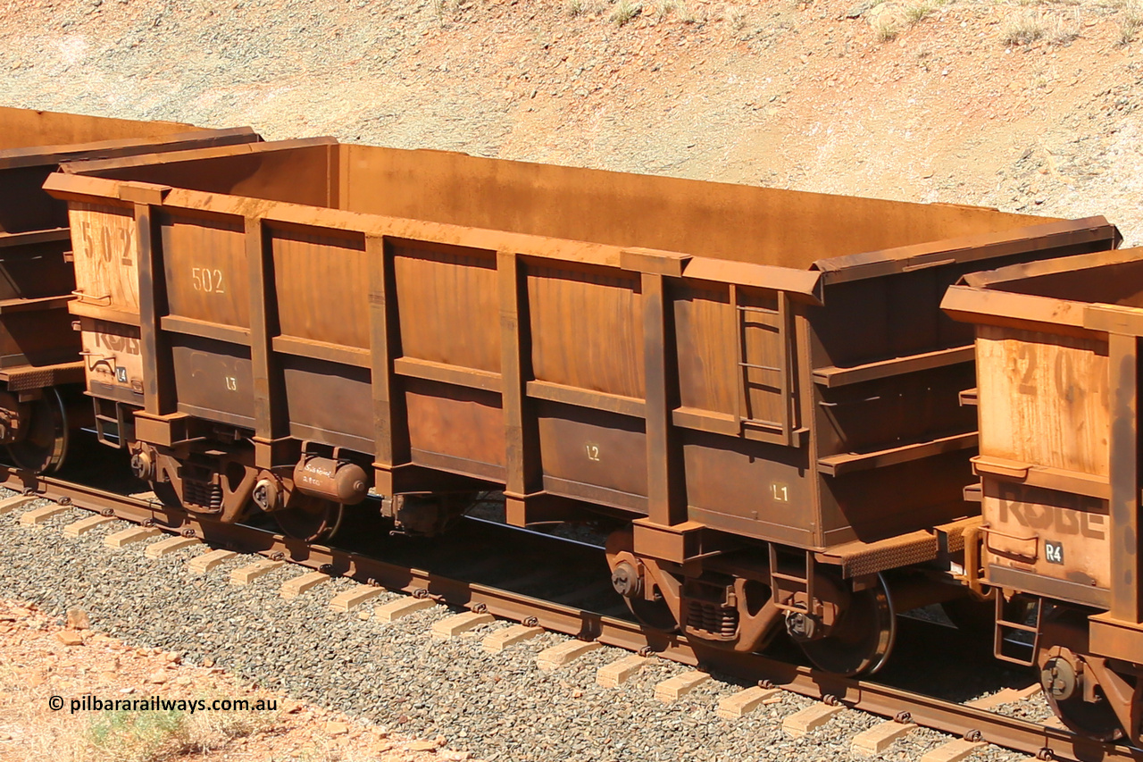 0502 160306 1335
Robe River ore waggon 502, built by Tomlinson Steel WA, fixed coupler non-handbrake side empty view at Greenpool on the Cape Lambert line. March 6, 2016.
Keywords: 502;Tomlinson-Steel-WA;Robe-ore-waggon;