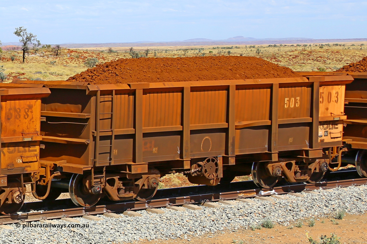 0503 170729 0269
Robe River ore waggon 503, built by Tomlinson Steel WA, fixed coupler handbrake side loaded view at the 103 km, between Maitland Siding and the Fortescue River on the Deepdale line. July 29, 2017.
Keywords: 503;Tomlinson-Steel-WA;Robe-ore-waggon;