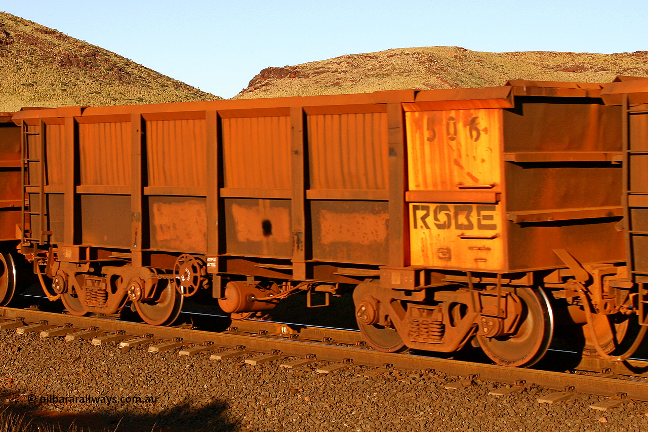 0506 060722 7623
Robe River ore waggon 506, built by Tomlinson Steel WA, rotary coupler end handbrake side empty view, at the 11.7 km, Cape Lambert. July 22, 2006.
Keywords: 506;Tomlinson-Steel-WA;Robe-ore-waggon;