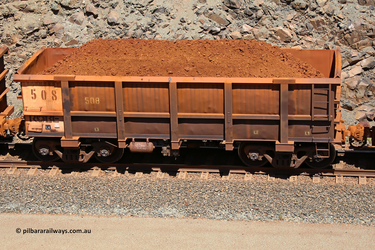 0508 160306 1539
Robe River ore waggon 508, built by Tomlinson Steel WA, fixed coupler non-handbrake side loaded view, at the 45 km, Harding Siding on the Cape Lambert line. March 6, 2016.
Keywords: 508;Tomlinson-Steel-WA;Robe-ore-waggon;