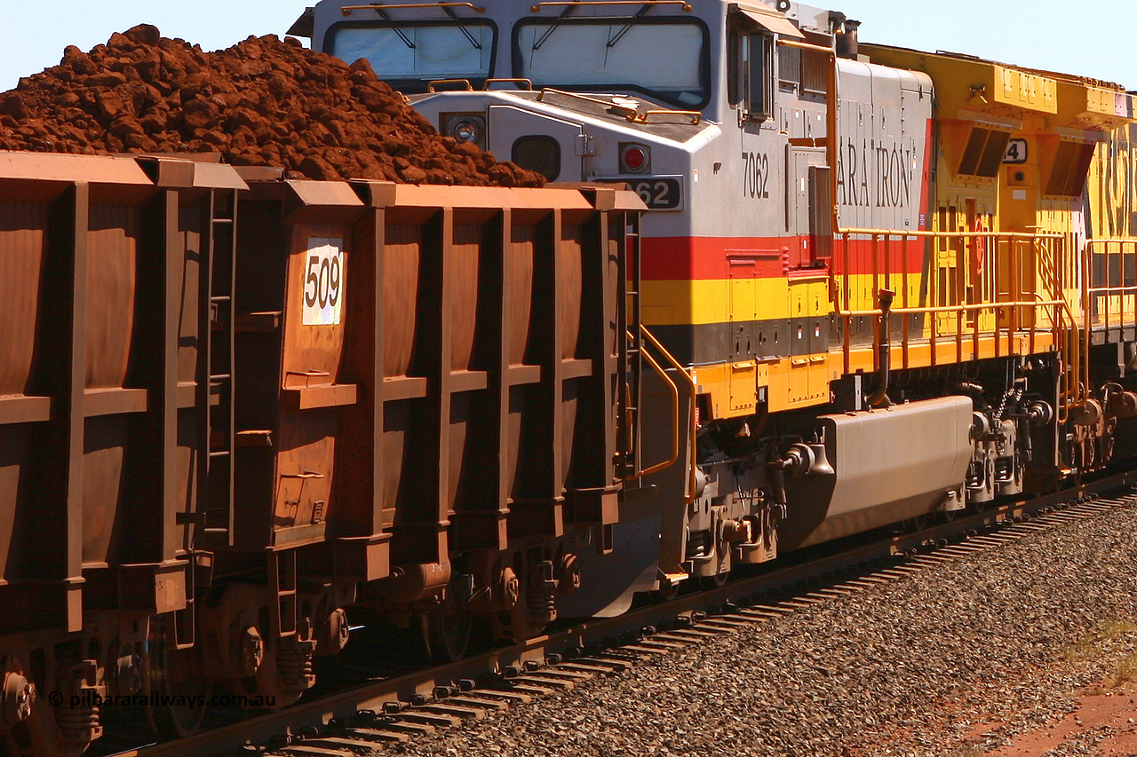 0509 061209 8160
Robe River ore waggon 509, built by Tomlinson Steel WA, rotary coupler non-handbrake side loaded view at the 7 km location just south of Cape Lambert yard. December 9, 2006.
Keywords: 509;Tomlinson-Steel-WA;Robe-ore-waggon;