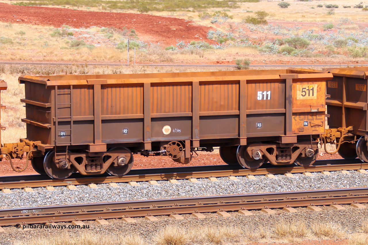0511 141124 6830
Robe River ore waggon 511, built by Tomlinson Steel WA, fixed coupler handbrake side empty view at the 25 km at Arches Siding on the Cape Lambert line. November 24, 2014.
Keywords: 511;Tomlinson-Steel-WA;Robe-ore-waggon;