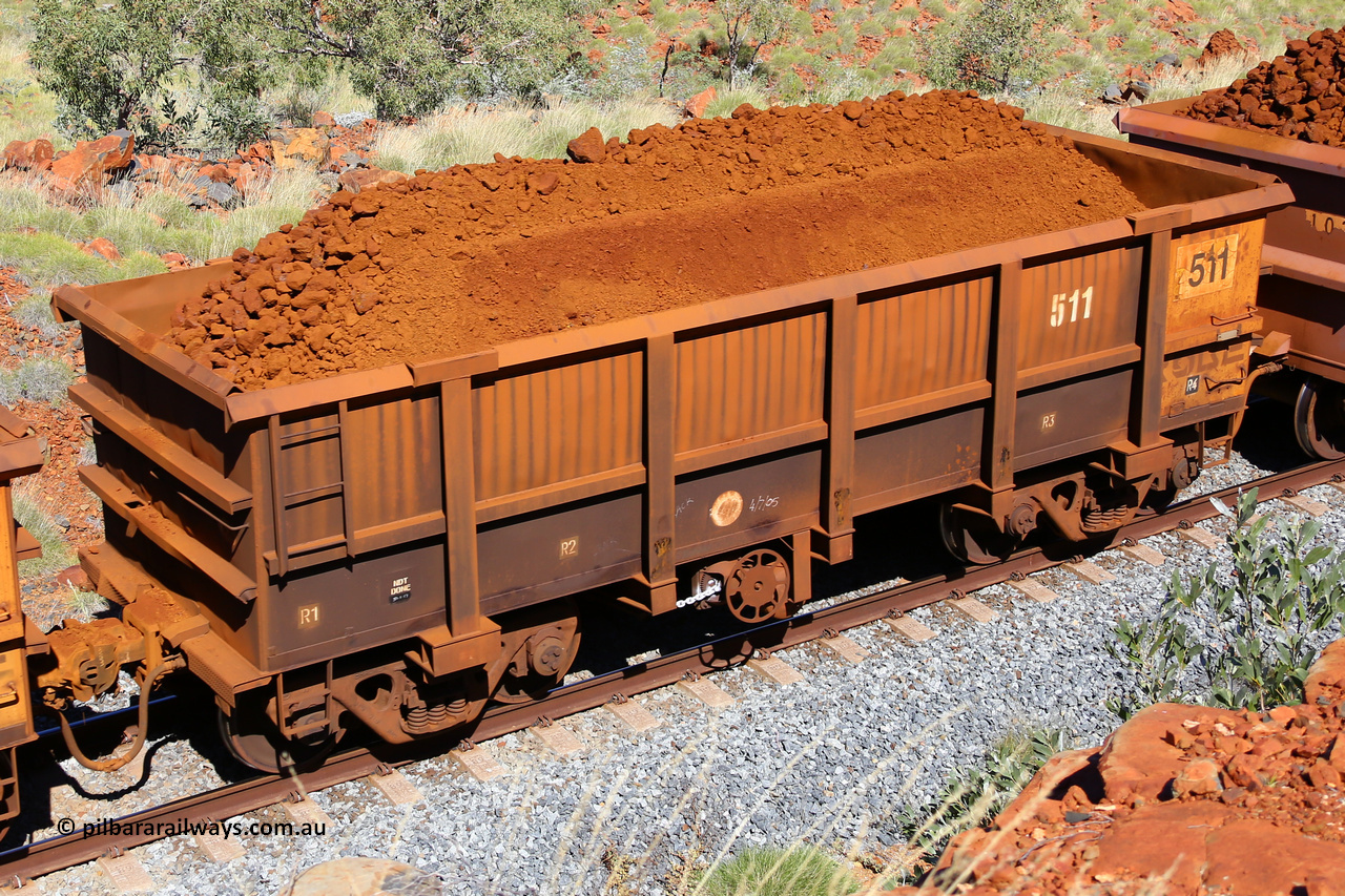 0511 180616 1873
Robe River ore waggon 511, built by Tomlinson Steel WA, fixed coupler handbrake side loaded view at Maitland Siding on the Deepdale line, June 16, 2018.
Keywords: 511;Tomlinson-Steel-WA;Robe-ore-waggon;