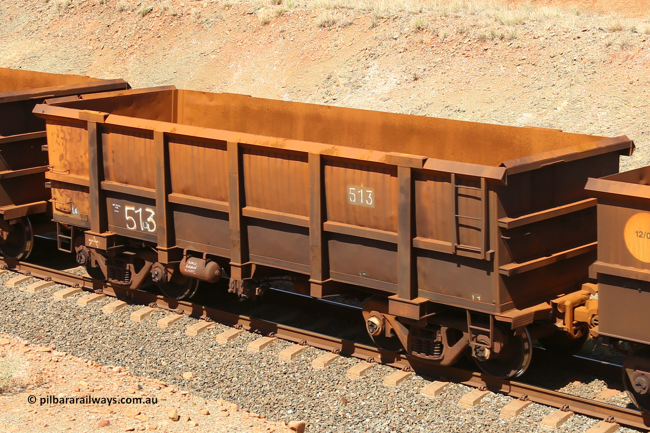 0513 160306 1273
Robe River ore waggon 513, built by Tomlinson Steel WA, fixed coupler non-handbrake side empty view at Greenpool on the Cape Lambert line. March 6, 2016.
Keywords: 513;Tomlinson-Steel-WA;Robe-ore-waggon;