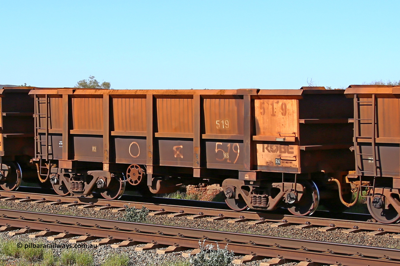 0519 160727 0967
Robe River ore waggon 519, built by Tomlinson Steel WA, rotary coupler end handbrake side empty view at Harding Siding on the Cape Lambert line, July 27, 2016.
Keywords: 519;Tomlinson-Steel-WA;Robe-ore-waggon;