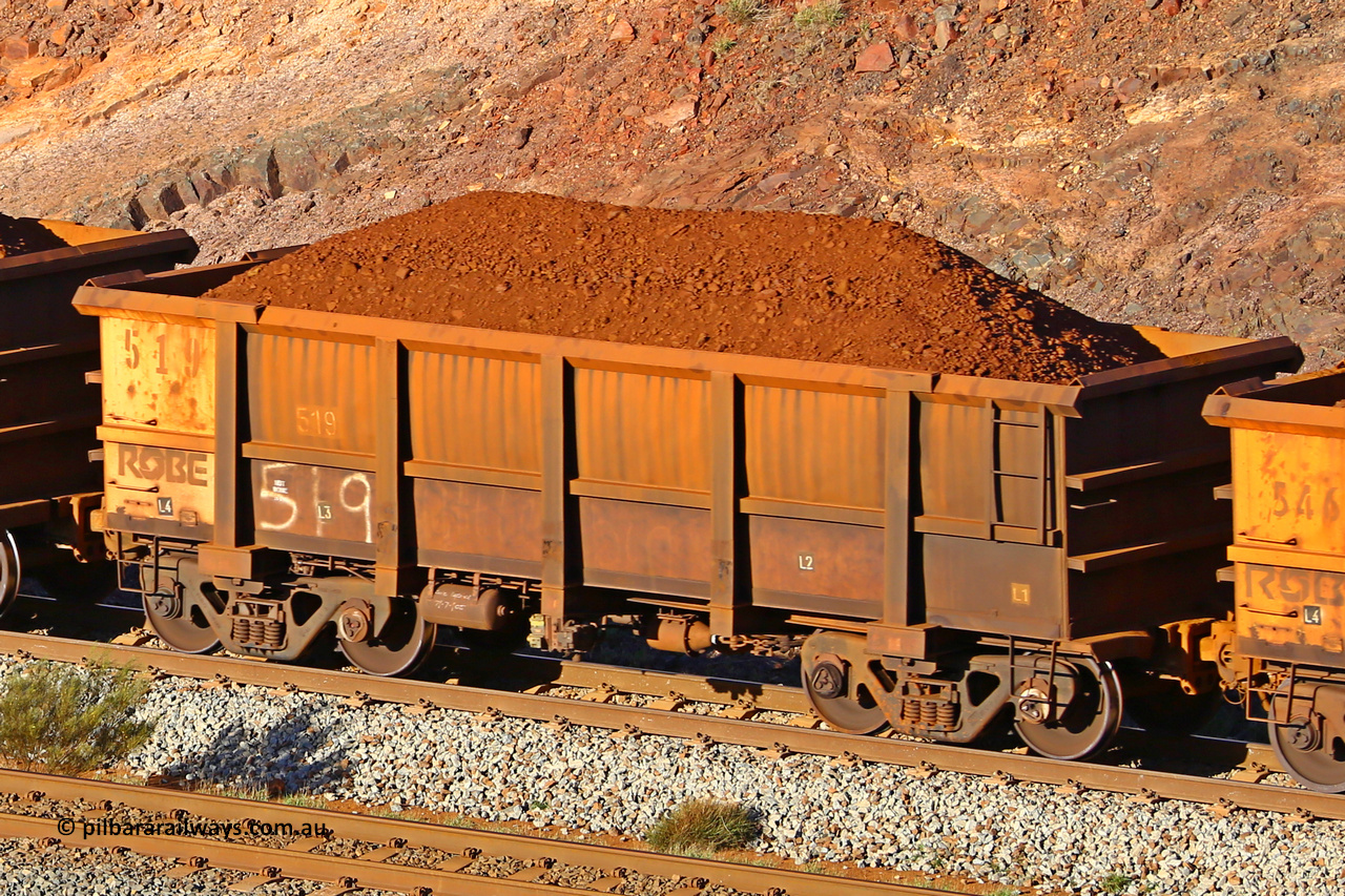0519 180616 1644
Robe River ore waggon 519, built by Tomlinson Steel WA, fixed coupler non-handbrake side loaded view at the 38.5 km, Harding on the Cape Lambert line, June 16, 2018.
Keywords: 519;Tomlinson-Steel-WA;Robe-ore-waggon;