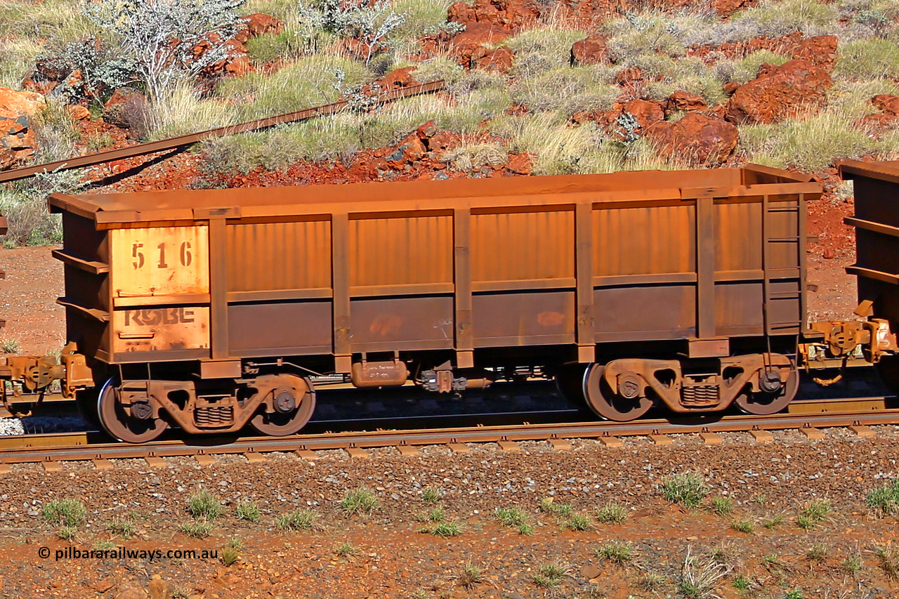 0519 180616 1718
Robe River ore waggon 519, built by Tomlinson Steel WA, rotary coupler end non-handbrake side empty view at the 38 km, Harding on the Cape Lambert line, June 16, 2018.
Keywords: 519;Tomlinson-Steel-WA;Robe-ore-waggon;