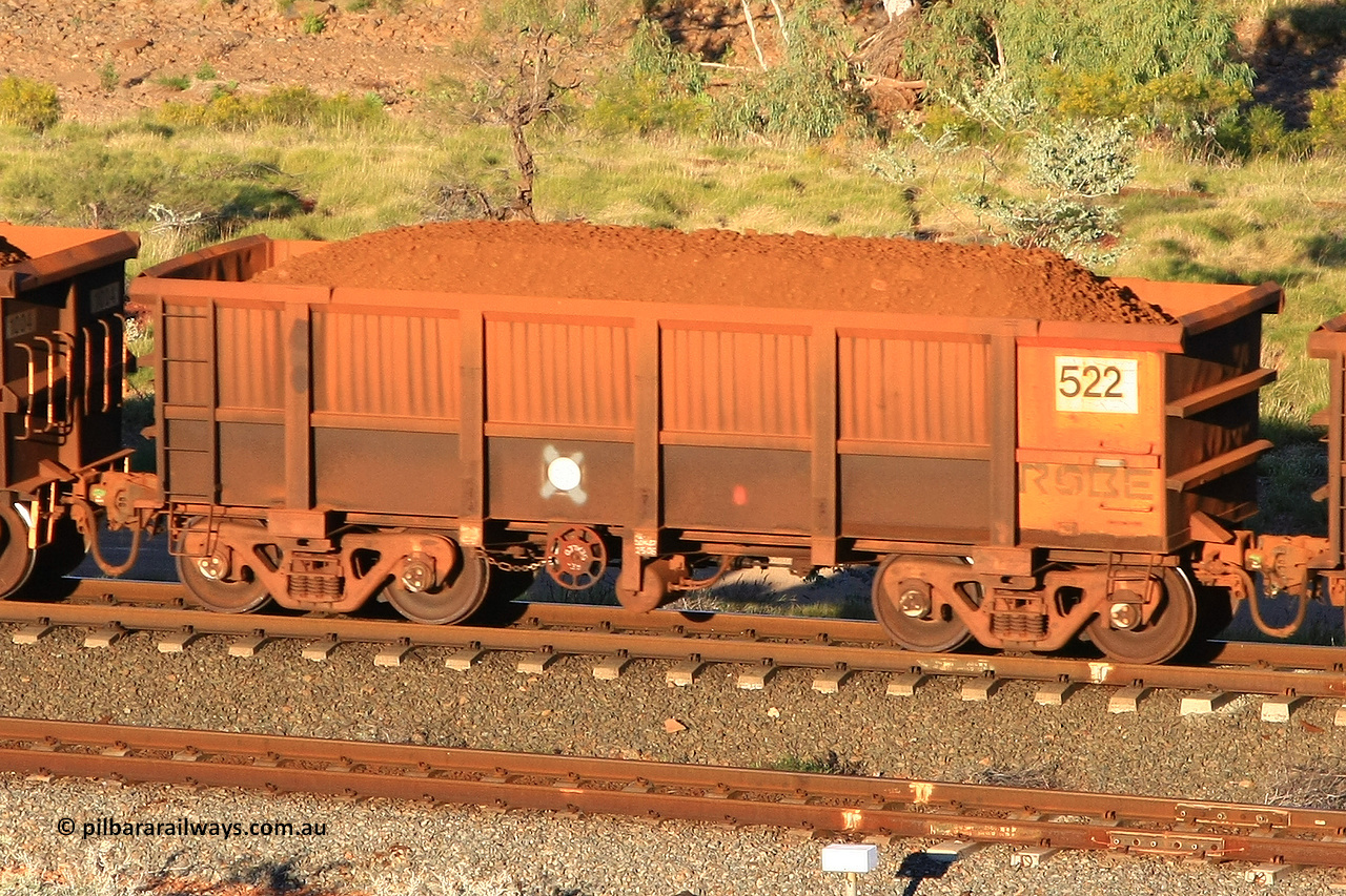 0522 110602 1610
Robe River ore waggon 522, built by Tomlinson Steel WA, rotary coupler end handbrake side loaded view at the 71 km, Western Creek on the Deepdale line. June 2, 2011.
Keywords: 522;Tomlinson-Steel-WA;Robe-ore-waggon;