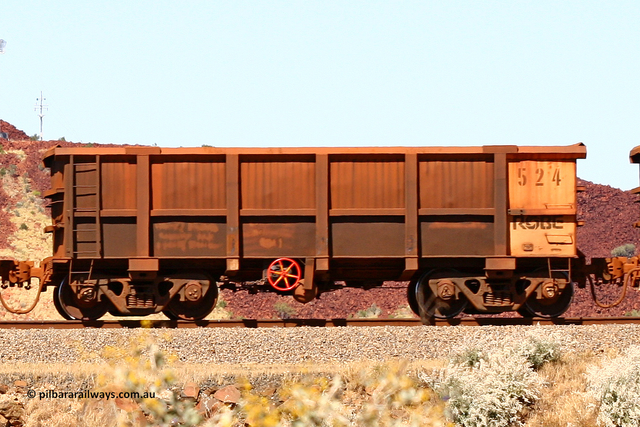0524 060722 7442
Robe River ore waggon 524, built by Tomlinson Steel WA, handbrake side empty view at the 45.4 km just south of Harding Siding on the Cape Lambert line. July 22, 2006.
Keywords: 524;Tomlinson-Steel-WA;Robe-ore-waggon;