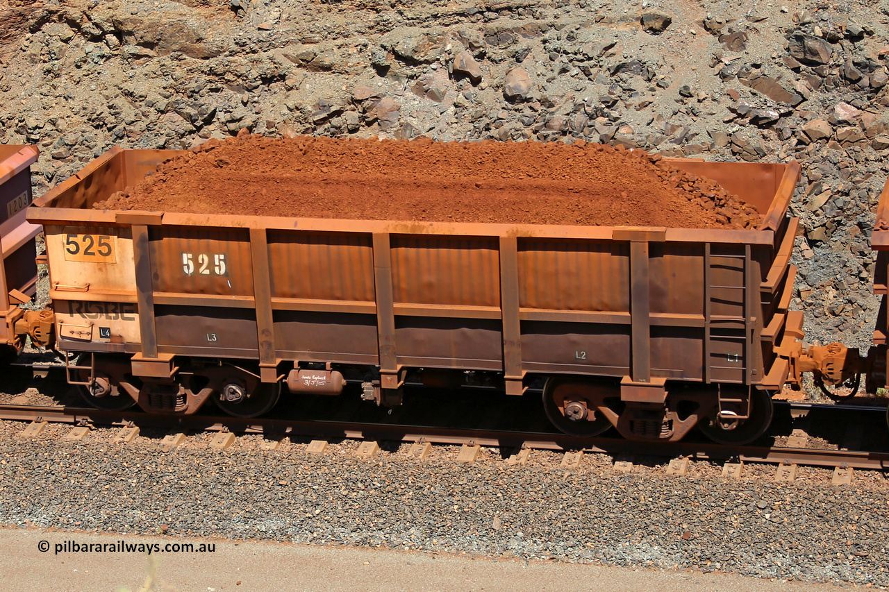 0525 160306 1625
Robe River ore waggon 525, built by Tomlinson Steel WA, fixed coupler non-handbrake side loaded view, at the 45 km, Harding Siding on the Cape Lambert line. March 6, 2016.
Keywords: 525;Tomlinson-Steel-WA;Robe-ore-waggon;